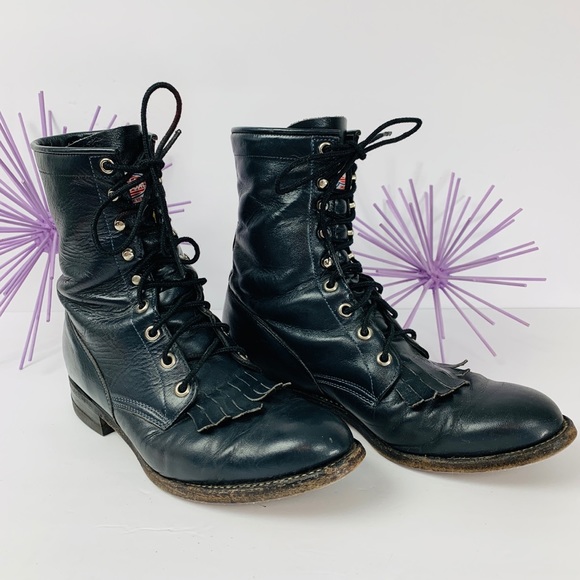 Justin Boots Shoes - Vintage Justin / Navy Blue Lace Up Kiltie Boot